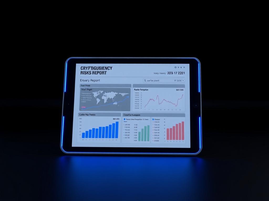 A realistic high-resolution image of a sleek digital report displayed on a futuristic tablet, showcasing graphs and charts related to cryptocurrency risks. The background should be minimalistic with dark tones, emphasizing the tablet's blue accent and clean lines.