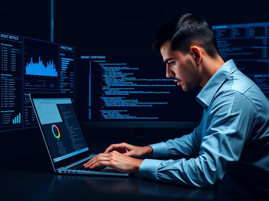 A realistic high-resolution image of a professional analyzing code on a laptop, surrounded by digital interfaces displaying smart contract metrics. The setting should have a minimalist design with dark colors and blue accents, focusing on the laptop screen.