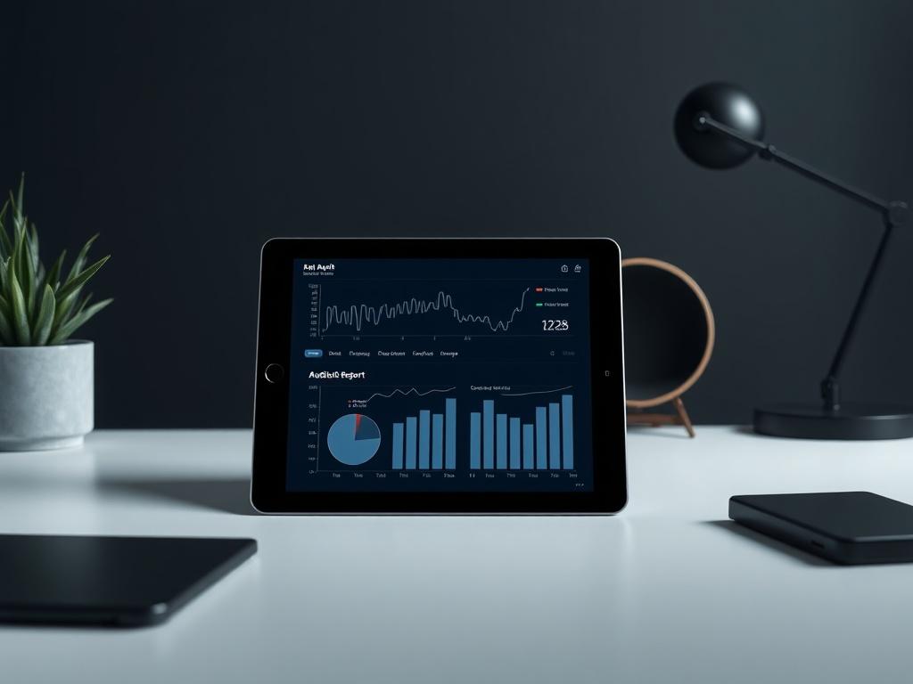 A stunning high-resolution image of a professional workspace featuring a tablet showing an intricate audit report. The setting should be dark-themed with minimalist decor, highlighting the tablet against a clean background.