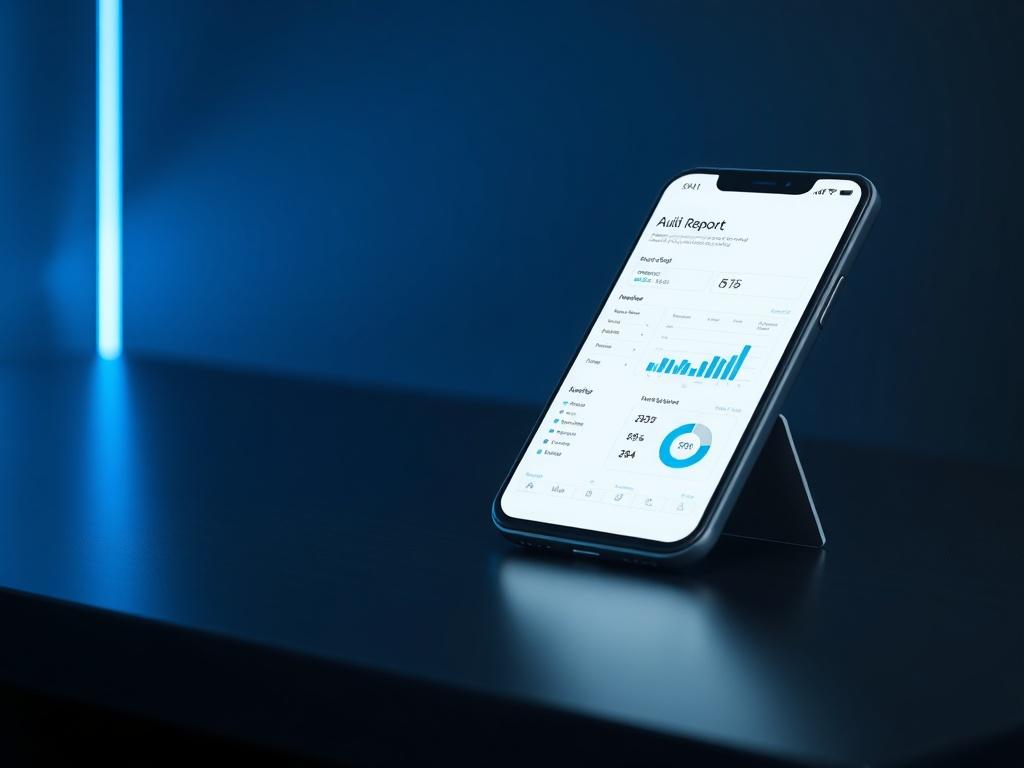 A high-resolution image showcasing a futuristic-looking smartphone displaying a detailed audit report, placed on a dark desk. The background should be deep gray with blue highlights, emphasizing the smartphone and its screen.
