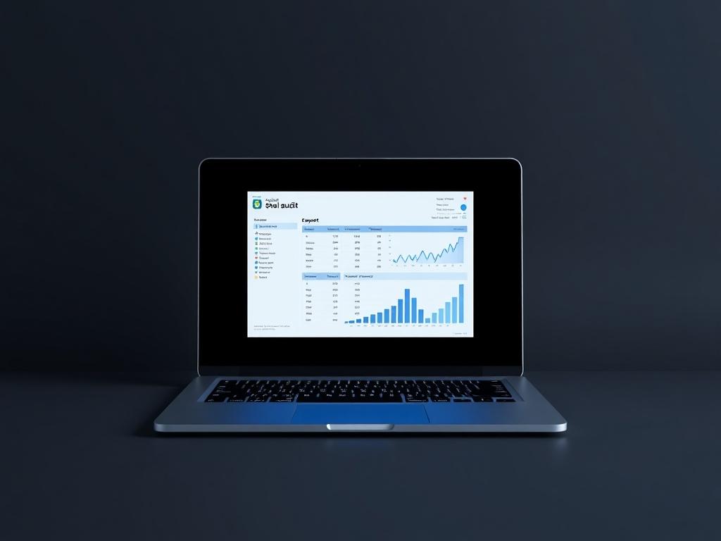 A minimalist high-resolution image featuring a sleek laptop displaying a digital audit report, set against a dark mode background with blue accents. Focus on the laptop and the report, with clean lines and ample negative space.
