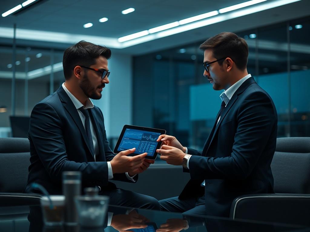 A high-resolution image showcasing a professional advisor discussing crypto strategies with a client in a modern office setting. The focus should be on a digital tablet displaying complex security analytics, with a dark-themed environment and blue accents. The composition should be clean and professional, reflecting trust and expertise in cryptocurrency management. Ensure the colors match the rgb(40, 93, 225) palette for visual consistency.