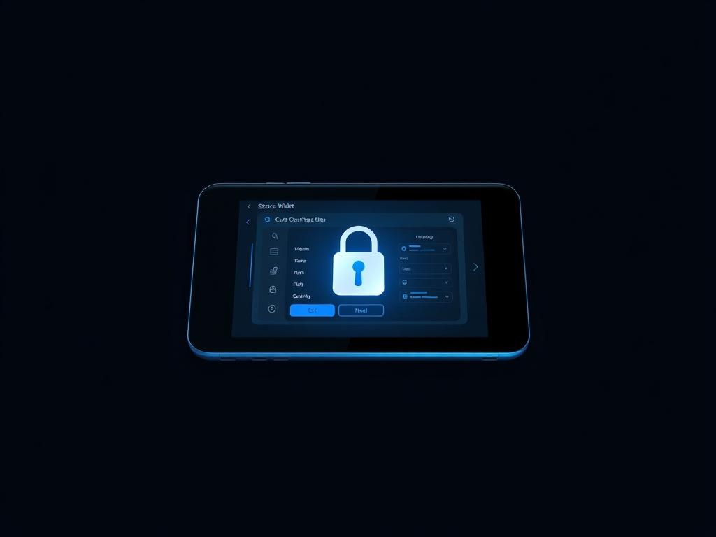 A minimalist, high-resolution image of a sleek digital device displaying a secure wallet interface, with a dark background and a blue accent, symbolizing cryptocurrency security. The device is centered with ample negative space around it, focusing on the essential elements of digital security and auditing. The colors should be compatible with rgb(40, 93, 225).