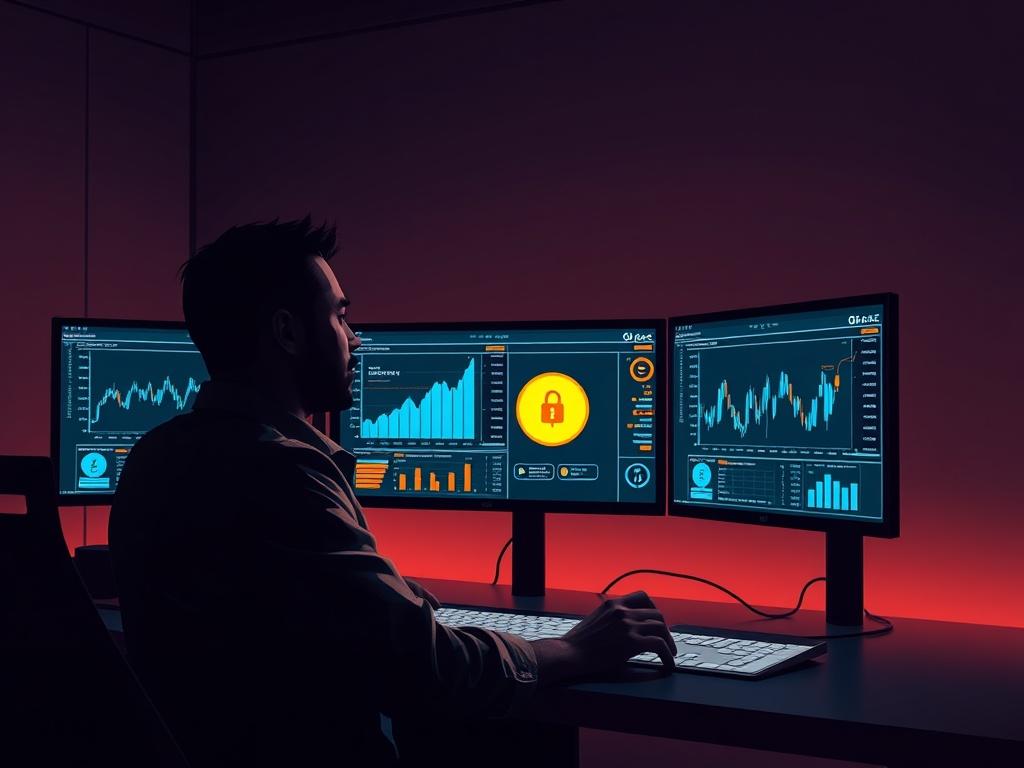 A high-resolution image depicting a confident individual analyzing crypto data on multiple screens, with a futuristic, dark-themed workspace. The screens should display graphs and security metrics related to cryptocurrency, emphasizing the importance of informed decision-making. The colors should align with rgb(40, 93, 225) for a cohesive look. The background should be clean and minimalistic to highlight the focus on data analysis and security.
