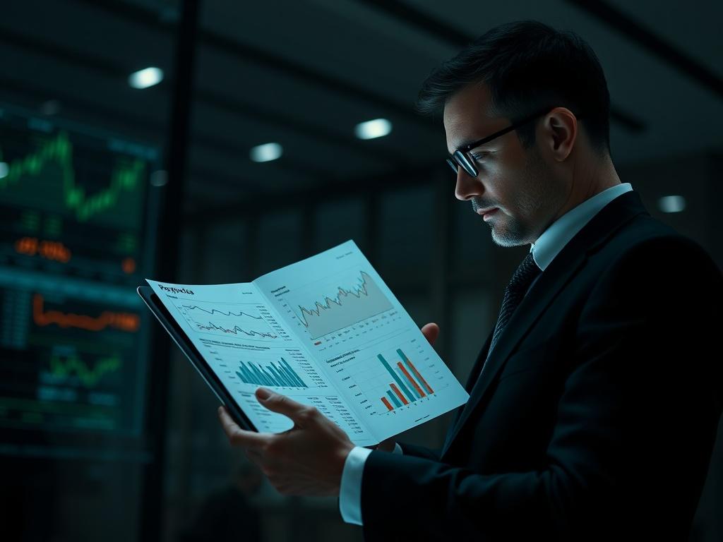 A high-resolution image of a professional looking at a detailed report on a tablet or smartphone, with graphs and data visualization. The setting should be modern, with a dark theme, emphasizing the importance of security and technology in crypto.