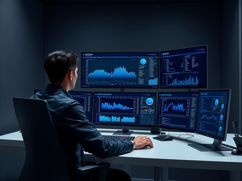 A sleek, modern workspace with a professional reviewing their crypto portfolio on multiple screens. The setting should reflect a high-tech environment, with deep gray tones and blue accents to highlight the focus on security and technology.