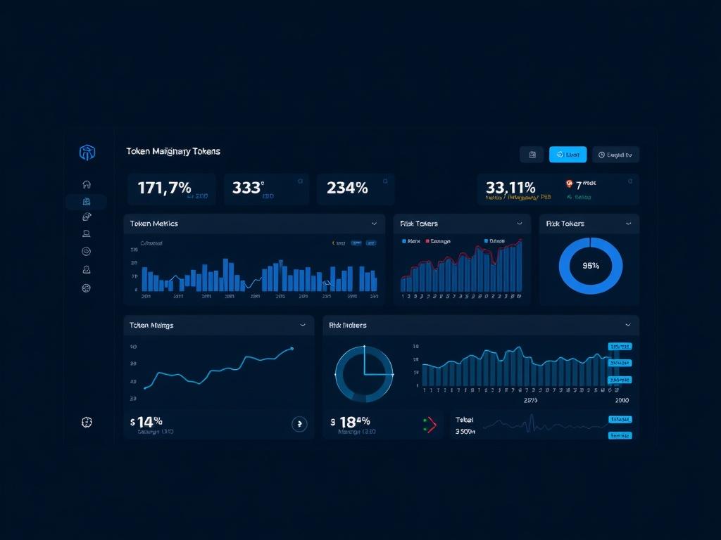 A realistic high-resolution image of a digital analysis dashboard displaying token metrics and risk indicators. The design should be sleek and modern, with a dark theme and blue accents, highlighting the identification of malicious tokens. The background should remain minimalistic, focusing attention on the dashboard elements that convey security and trust.