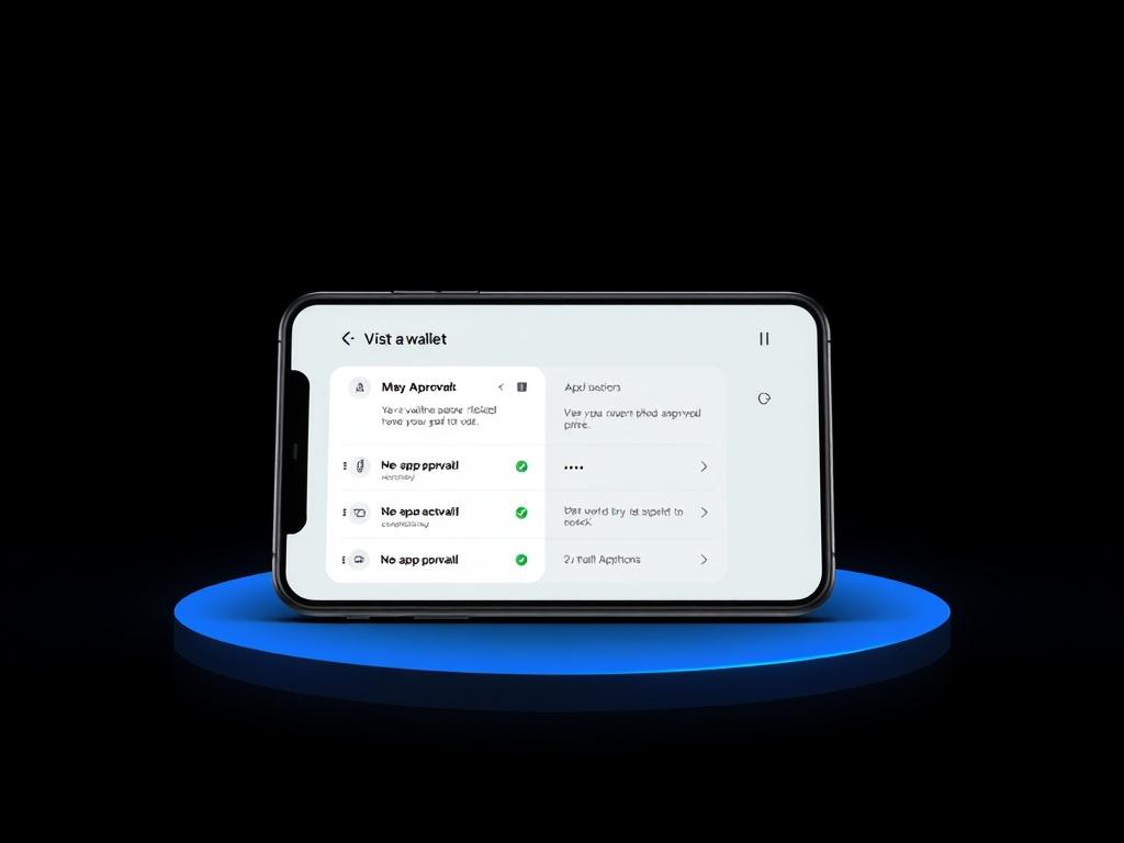A high-resolution image showcasing a digital wallet interface on a sleek device, emphasizing the concept of security. The background should be minimalistic with dark tones, featuring a subtle blue accent to convey a sense of technology and trust. The wallet interface should have highlighted sections indicating dangerous approvals, with a focus on clarity and simplicity.