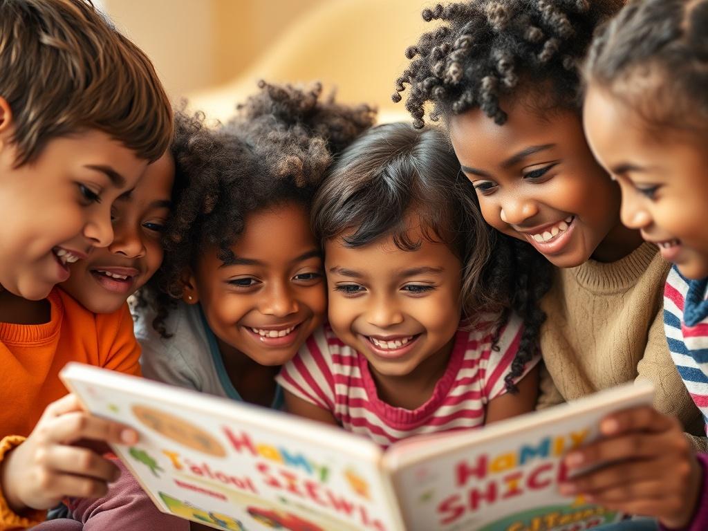 A close-up shot of a diverse group of children engaged in a collaborative learning activity, focused on a book with colorful illustrations. The children display expressions of curiosity and joy, showcasing inclusivity in education. The background is softly blurred, emphasizing the children, with warm, natural lighting to create a welcoming atmosphere. The overall color palette complements the primary color rgb(162, 175, 127), evoking a sense of harmony and support.
