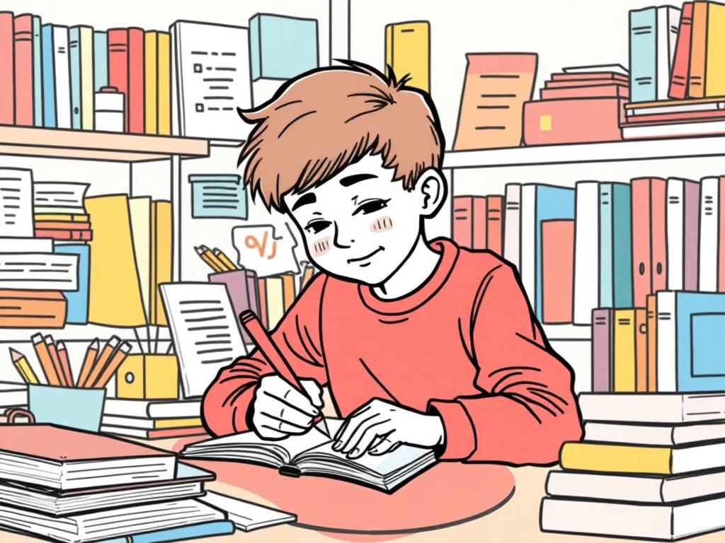 A student confidently writing in a notebook, surrounded by colorful learning aids and tools that assist with dyslexia. The setting should resemble a cozy learning corner filled with books and resources. The illustration should be in crisp, solid black line drawing style, highlighting the student's focus and determination.