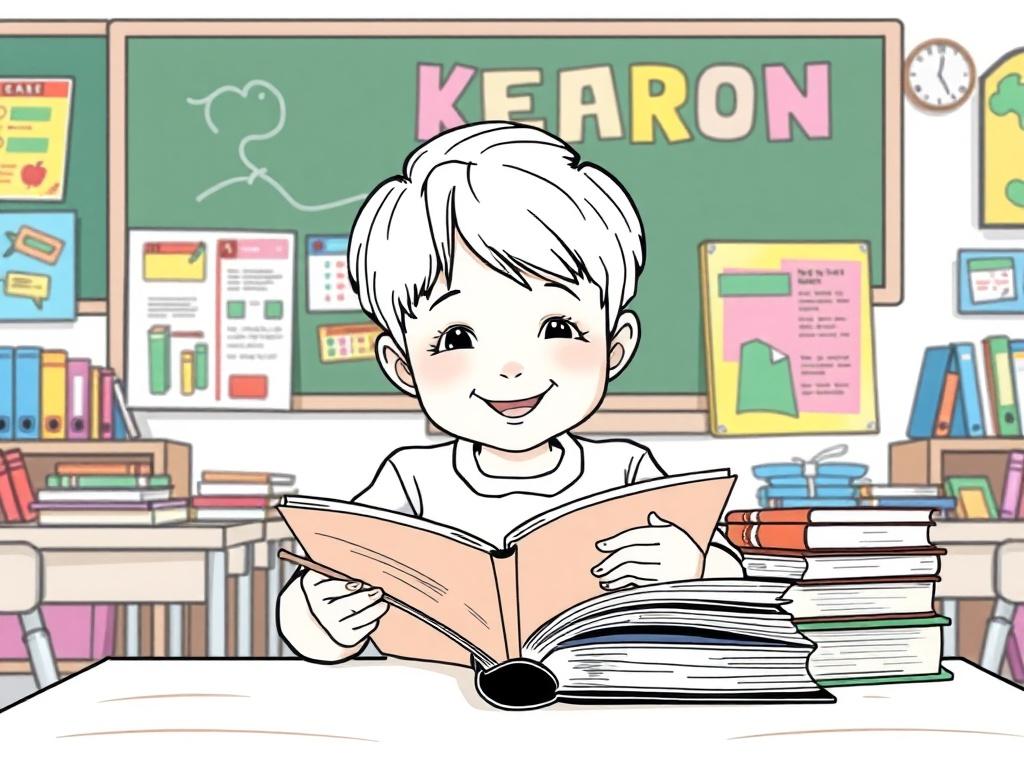 A child focused on reading a book with a bright smile, sitting at a desk in a classroom setting. The background should depict a classroom with colorful educational posters and a chalkboard. The child is surrounded by books and learning materials. The illustration should be in crisp, solid black line drawing style, with an emphasis on the child's expression of joy and engagement.