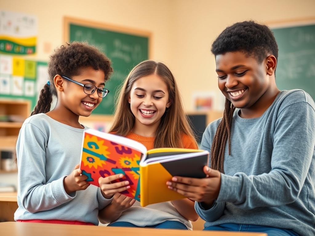 A close-up shot of a diverse group of students engaged in a collaborative learning activity in a bright classroom. One student is holding a colorful book, while another is using a tablet. The background features educational posters and a chalkboard, all bathed in warm, natural light. The focus should be on the expressions of joy and concentration on the students' faces, captured with a 45mm f/1.2 lens to create a soft bokeh effect.