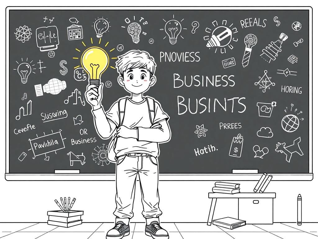 Create a high-quality illustration of a young student standing confidently in front of a chalkboard filled with innovative ideas and business concepts. The student should be holding a light bulb, symbolizing creativity and innovation. The background should be simple, with a few educational materials scattered around, ensuring the focus remains on the student. The image should be rendered in a crisp, solid black line drawing style, compatible with the rgb(162, 175, 127) primary color.