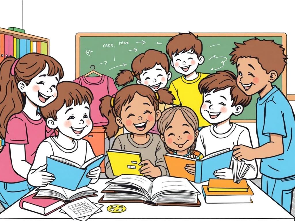 A high-quality illustration of a diverse group of children engaged in collaborative learning activities in a classroom setting. The focus should be on their joyous expressions as they support each other in literacy and learning exercises. The background should be simple, with minimal distractions, featuring elements like books, a blackboard, and colorful learning materials. The style should be crisp, solid black line drawing, compatible with the rgb(162, 175, 127) primary color.