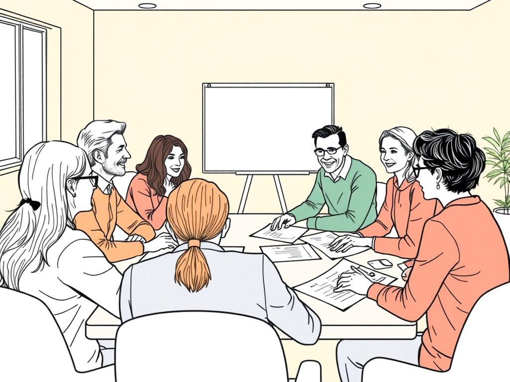 A high-quality illustration of a diverse group of adults engaging in a workshop setting. They are seated around a table, actively discussing and sharing ideas, with papers and materials spread out in front of them. The environment is bright and welcoming, with a flip chart in the background. The image should be rendered in crisp, solid black line drawing style, using a color palette compatible with rgb(162, 175, 127).
