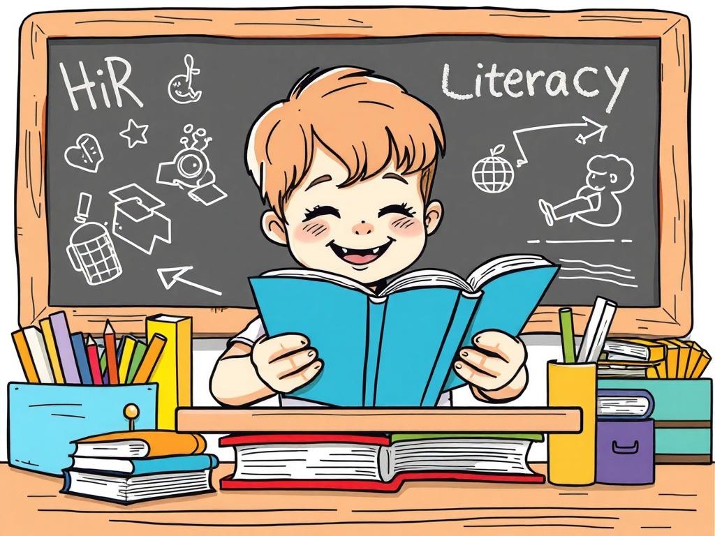A high-quality illustration of a child reading a book with a look of concentration and joy. The child is seated at a desk, surrounded by colorful educational materials that promote literacy. The background includes a chalkboard with simple drawings and words. The image should be rendered in crisp, solid black line drawing style, using a color palette compatible with rgb(162, 175, 127).