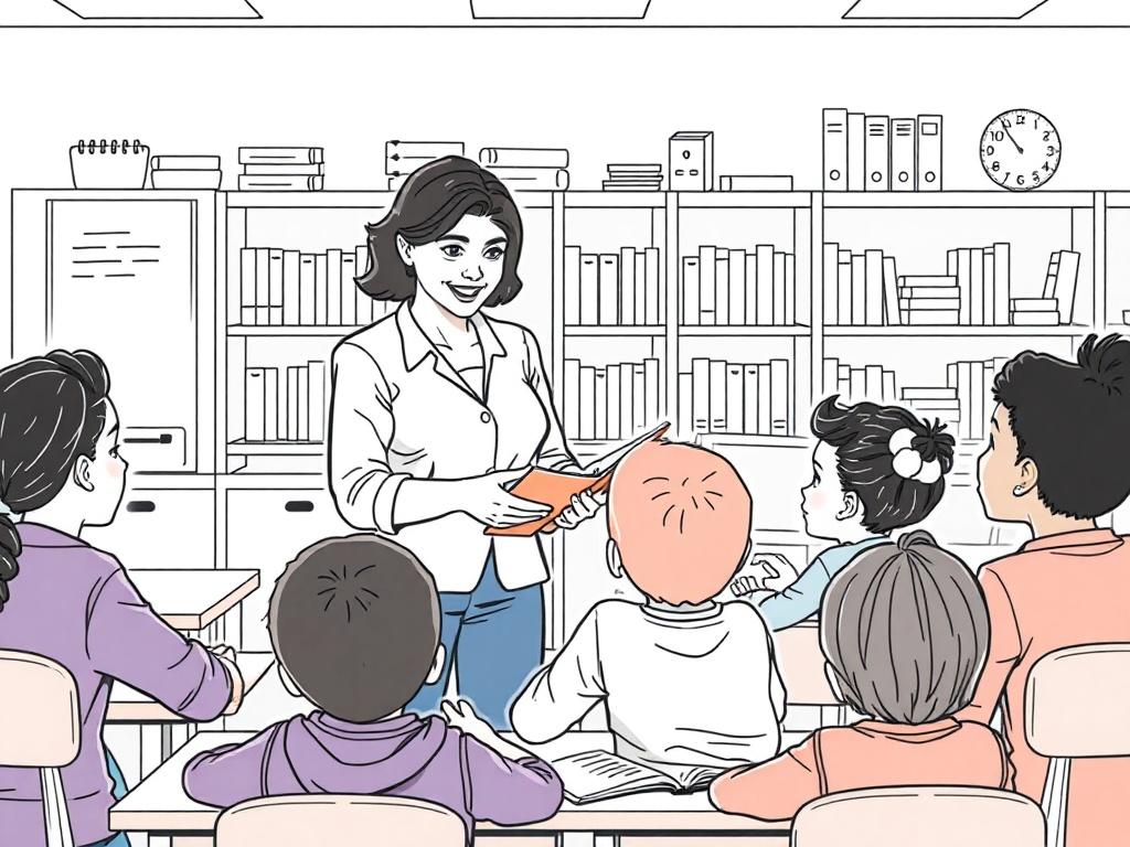 A high-quality illustration of a teacher engaging with a diverse group of students in a classroom setting. The teacher is demonstrating an interactive literacy activity, while students are actively participating. The classroom is simple and organized, with desks, bookshelves, and educational materials in the background. The image should be rendered in crisp, solid black line drawing style, with a color palette compatible with rgb(162, 175, 127).
