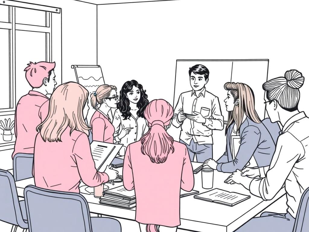 An illustration depicting a diverse group of teachers participating in a workshop. One facilitator is demonstrating a teaching strategy while others are taking notes and discussing among themselves. The setting is bright and inviting, with educational materials scattered on tables. The artwork should be rendered in solid black line drawings, capturing the engagement and collaboration among the teachers.