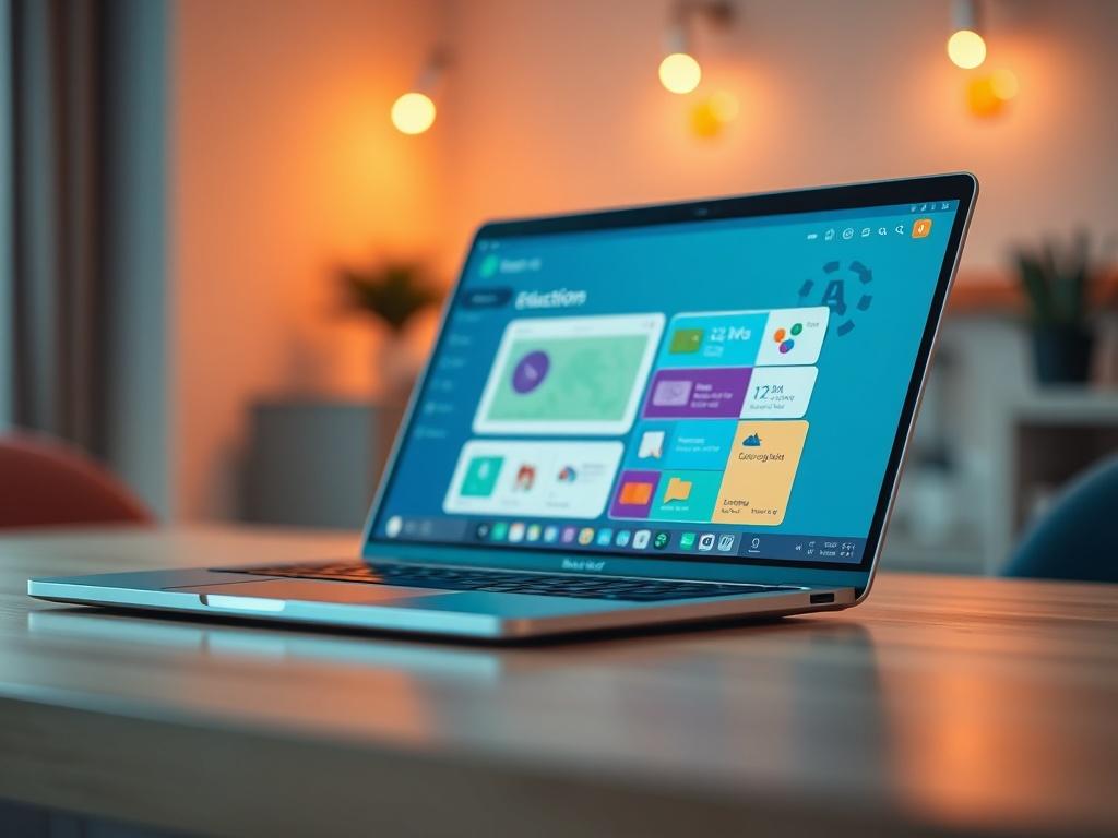 A high-resolution close-up shot of a sleek laptop, open with a vibrant educational software interface displayed on the screen. The background should be softly blurred to emphasize the laptop, with warm, inviting lighting that highlights the device's features. The color palette should complement the primary color of rgb(162, 175, 127), creating an atmosphere of positivity and learning.