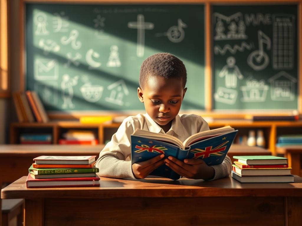 A serene classroom setting with a focused young student reading
