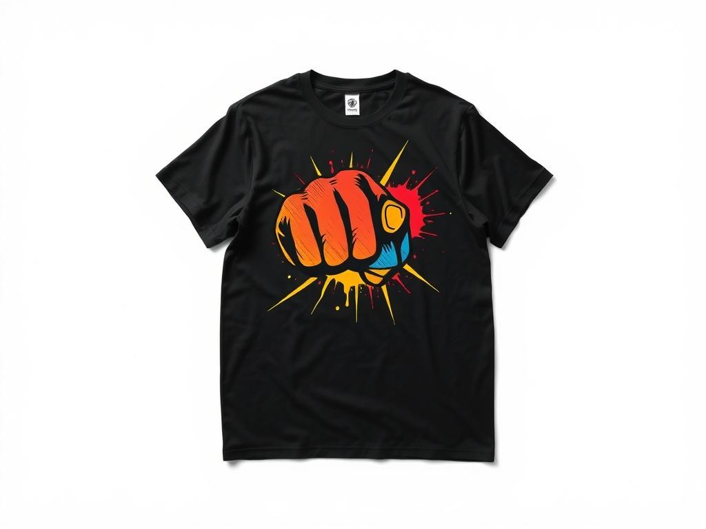 A high resolution image of a black graphic tee featuring