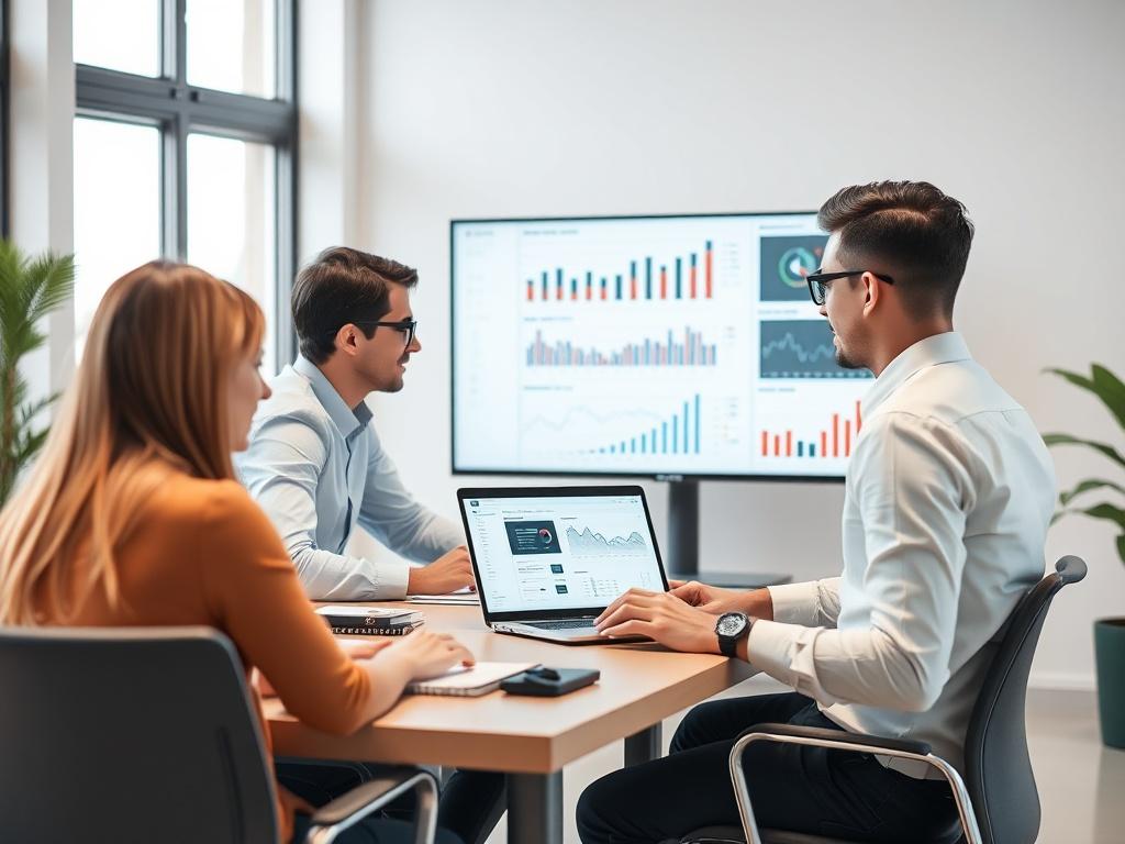 A professional digital marketing team working collaboratively in a modern