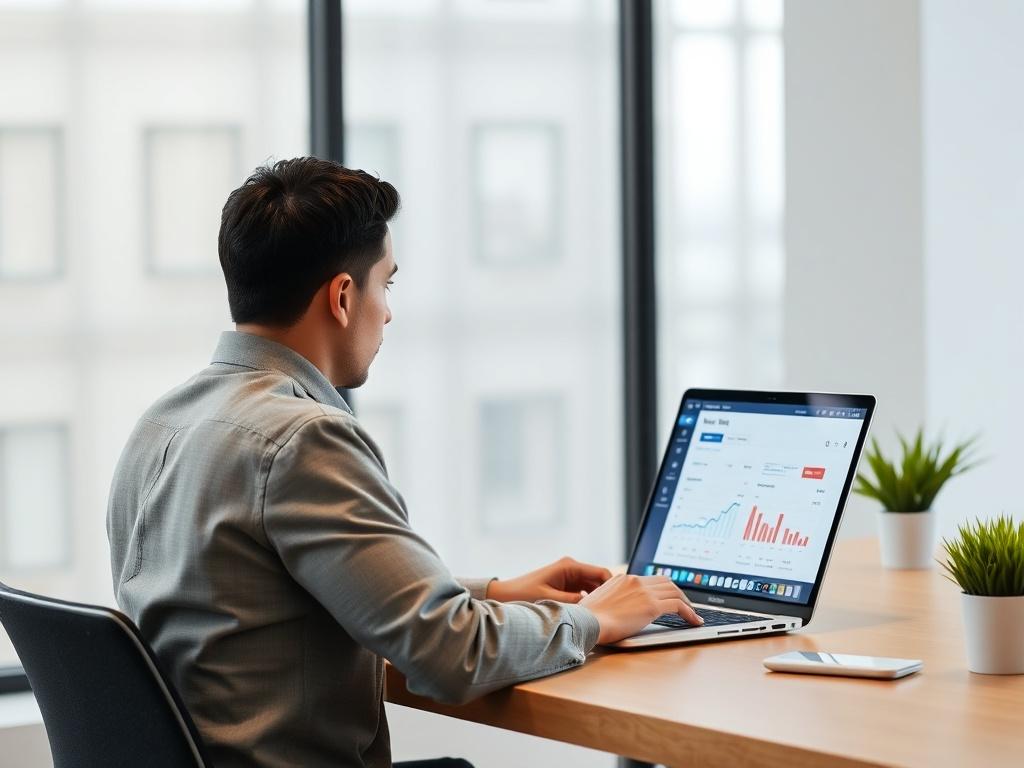 A realistic high-resolution image of a digital marketer analyzing Facebook Ads performance on a laptop. The composition should be minimalistic, featuring the marketer in a modern workspace with clean lines and negative space. The subject should be focused, showing graphs and data on the laptop screen, with a subtle background of a bright and airy office environment. The color palette should align with rgb(50, 170, 39) as the primary color.
