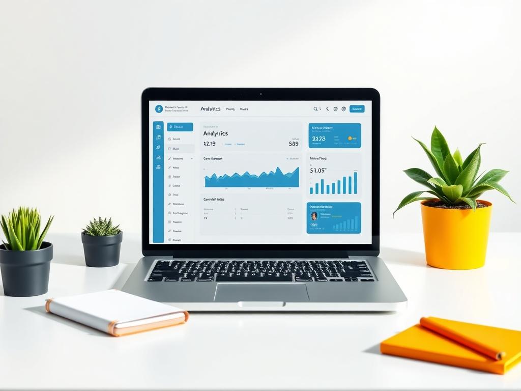 A clean and minimalistic workspace featuring a laptop displaying a website analytics dashboard. The background is softly blurred to emphasize the laptop, with a few green plants and a notepad on the desk, creating a professional and inviting atmosphere. The colors are simple and muted with bright accents, focusing on a modern digital marketing environment.