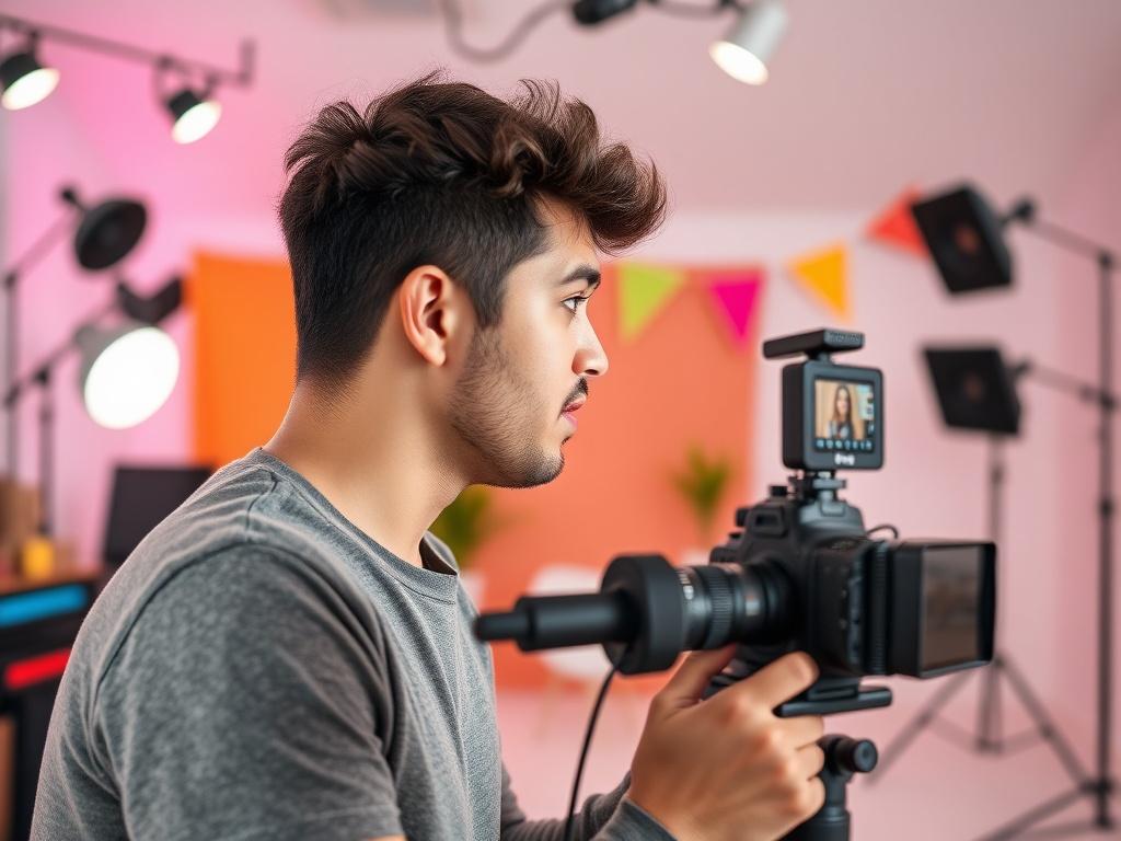 A vibrant scene of a YouTube creator filming a video in a well-lit studio. The backdrop features colorful props and lighting that reflect creativity. The focus is on the creator speaking into a camera, with a clear emphasis on their engaging expression. The composition conveys the excitement and energy of video creation, suitable for a YouTube marketing theme.