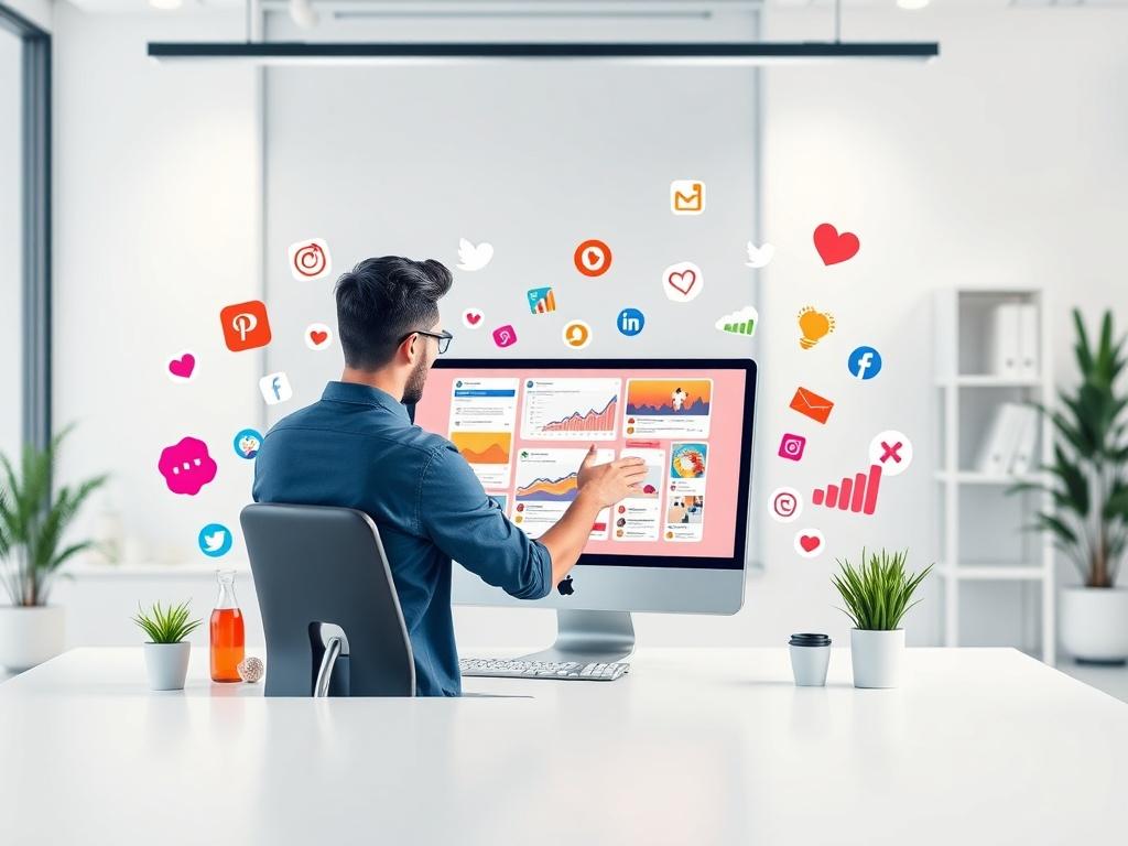 An engaging scene of a social media manager working on a computer, surrounded by vibrant social media icons and analytics charts. The background is a clean, modern office with a focus on the computer screen, showcasing colorful graphics and posts. The overall mood is energetic and creative, highlighting the dynamic nature of social media marketing.