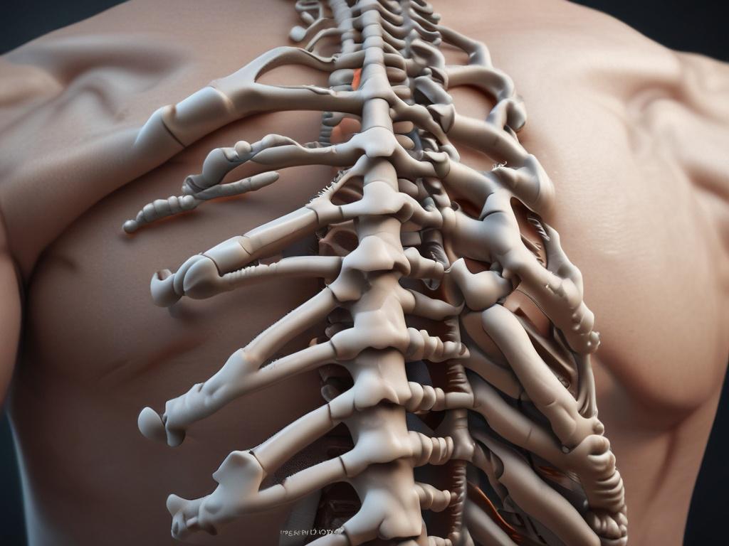 Create a realistic high-resolution photo featuring a close-up shot of a human spine, ideally from the lower to mid-back region. The spine should be depicted in a neutral, anatomical style, showcasing the vertebrae and surrounding nervous tissues in intricate detail. The background should be a softly blurred, natural setting that evokes a sense of calm and health, such as a warm-toned room with soft lighting that resembles a chiropractic clinic. The primary color palette should incorporate shades of rgb(92, 