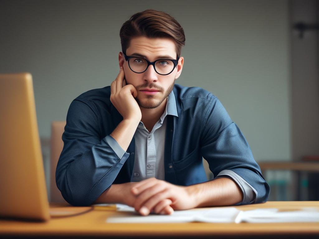 A close-up shot of a thoughtful individual sitting at a desk, looking slightly distressed. The background should be softly blurred to emphasize the subject's expression of concern over brain fatigue. Use a warm, inviting color palette that complements the primary color rgb(92, 180, 71). The composition should focus solely on the subject's face and shoulders, capturing the emotion of fatigue and fogginess.