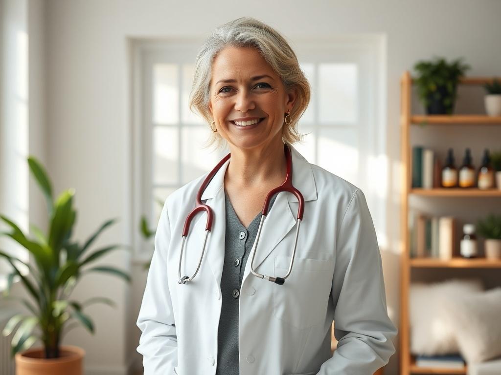 Create a realistic high-resolution photo that reflects the theme of holistic healthcare. The composition should feature a single subject: a compassionate holistic doctor, a middle-aged woman with a warm smile and approachable demeanor, standing confidently in a soothing, well-lit consultation room. She should be wearing a white lab coat over professional attire, with a stethoscope around her neck. 

In the background, include soft, calming elements such as indoor plants, natural light streaming through a wi