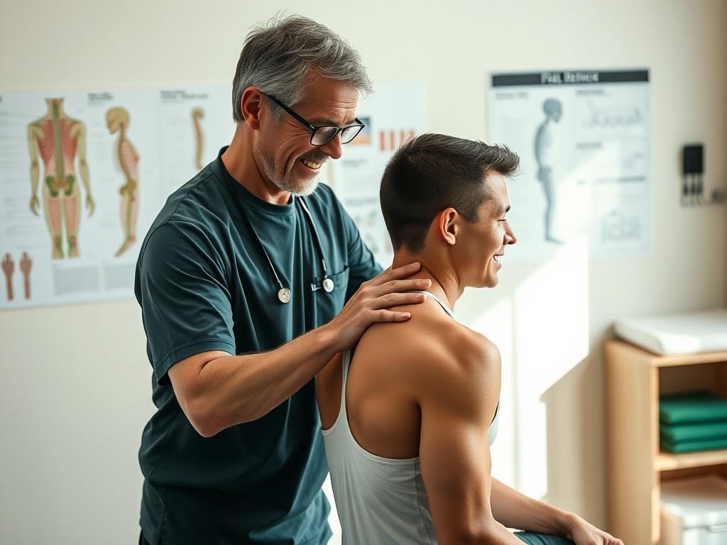 Create a realistic high-resolution image that captures the essence of chiropractic care for sports injuries. The main subject should be a chiropractor, a middle-aged, friendly-looking individual, gently adjusting a young athlete's back in a well-lit treatment room. Focus on the chiropractor's careful touch and the athlete's relaxed expression, showcasing the supportive environment of chiropractic care.

The background should feature essential chiropractic equipment, such as a treatment table, anatomical cha