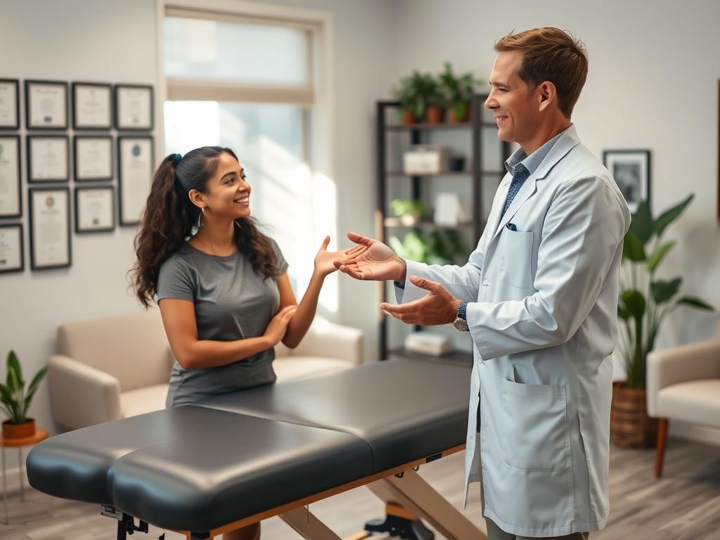 Create a realistic high-resolution photo that captures the essence of "What Your First Raleigh Chiropractic Appointment Really Looks Like." The composition should be simple and clear, focusing on a single subject: a friendly chiropractor in a professional office setting. The chiropractor, a mid-30s Caucasian male, is depicted standing beside an adjustable chiropractic table, engaging warmly with a patient, a diverse female in her late 20s. She appears relaxed and curious, as the chiropractor demonstrates th