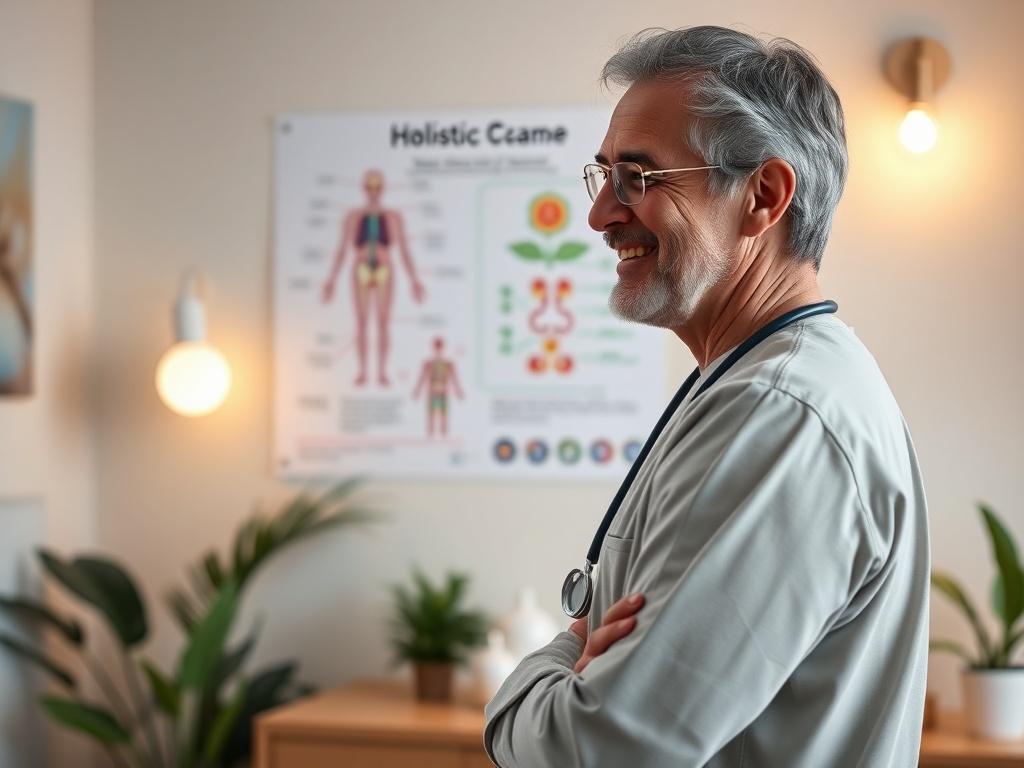 Create a realistic high-resolution photo reflecting the theme of holistic healthcare. The composition should feature a single subject, a compassionate healthcare provider, standing in a warm, inviting office space. The provider, a middle-aged individual of diverse ethnicity, should be shown smiling and engaging with a patient, who is out of frame, showcasing their approachable demeanor.
The background should feature elements like calming colors, soft lighting, and plants that convey a sense of tranquility