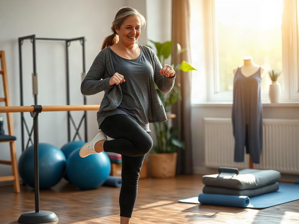 Create a highly detailed, realistic high-resolution photograph featuring a senior adult practicing balance exercises in a comfortable, well-lit physical therapy or chiropractic office setting. The subject should be a middle-aged woman with a warm smile, standing on one leg while holding onto a sturdy support bar for stability. Her posture should reflect good spinal alignment; her other leg is raised slightly and bent at the knee. She should be dressed in comfortable, professional athletic wear that reflects