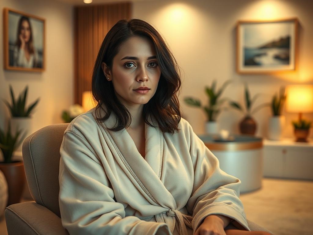 Create a realistic high-resolution image of a woman sitting in a spa-like doctor's office, capturing a moment where she appears tired and in need of relaxation. The composition should be simple and clear, focusing solely on the woman as the subject. She has shoulder-length dark hair, wearing a light, soft, and comfortable robe, and her expression conveys a sense of exhaustion and the desire for comfort.

The background should be warm and inviting, featuring soothing pastel colors, soft ambient lighting, and