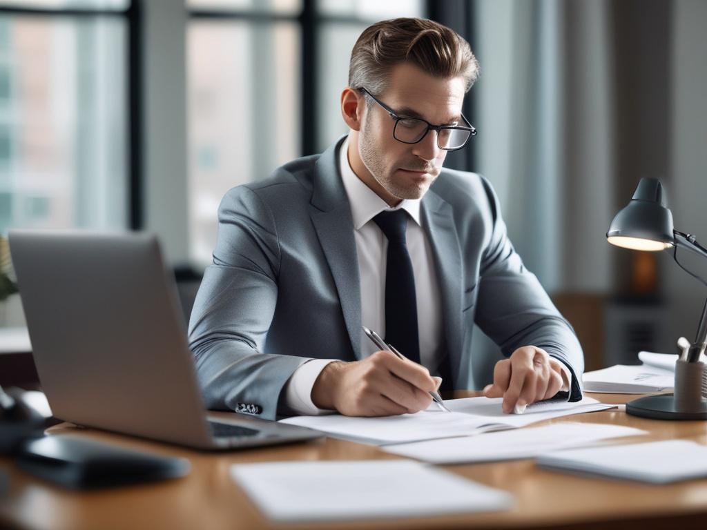 A professional financial advisor sitting at a desk with a