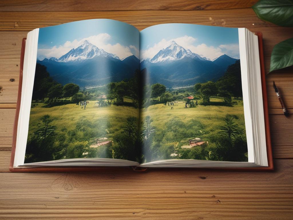 A high resolution image of an open travel stories book