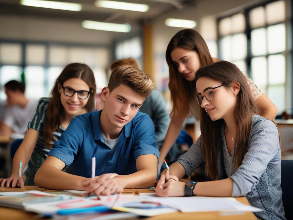 A close-up shot of a group of teenagers participating in a workshop, actively engaging in activities and discussions. The background shows a vibrant classroom setting with colorful materials that spark creativity and collaboration.