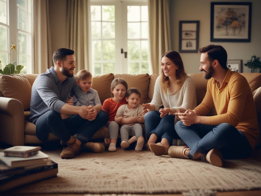 A close-up shot of a family sitting together in a cozy living room, engaged in a heartfelt discussion. The background is warm and inviting, filled with family photos and soft lighting that reflects love and togetherness.
