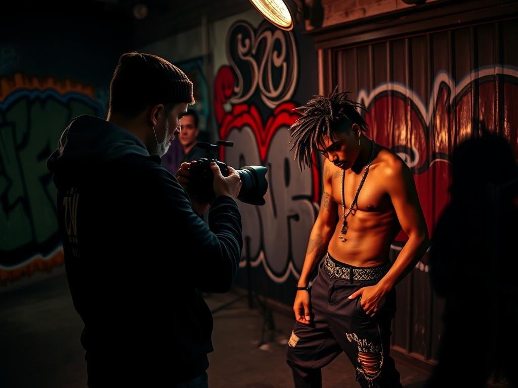 A talented photographer capturing an artist during a dynamic photoshoot,