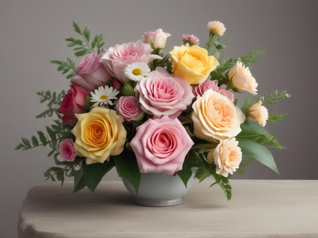 flower bouquet, roses, lilies, daisies, vibrant colors