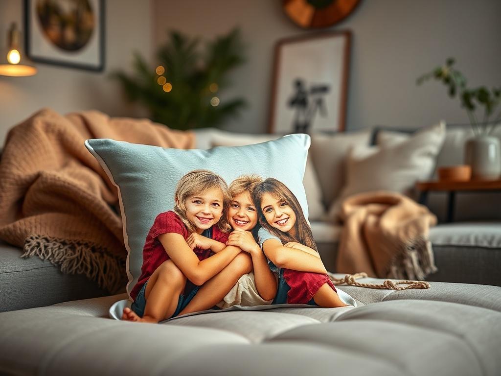 **Prompt for AI Image Generator:**

Create a realistic high-resolution photo of a beautifully designed photo cushion featuring a vibrant, cherished family memory printed on its fabric. The cushion should be prominently placed in the center of the frame, showcasing its soft texture and vivid colors. Use a close-up shot with a shallow depth of field to create a soft blur in the background, focusing entirely on the cushion's intricate details. 

In the background, include a cozy living room setting that convey