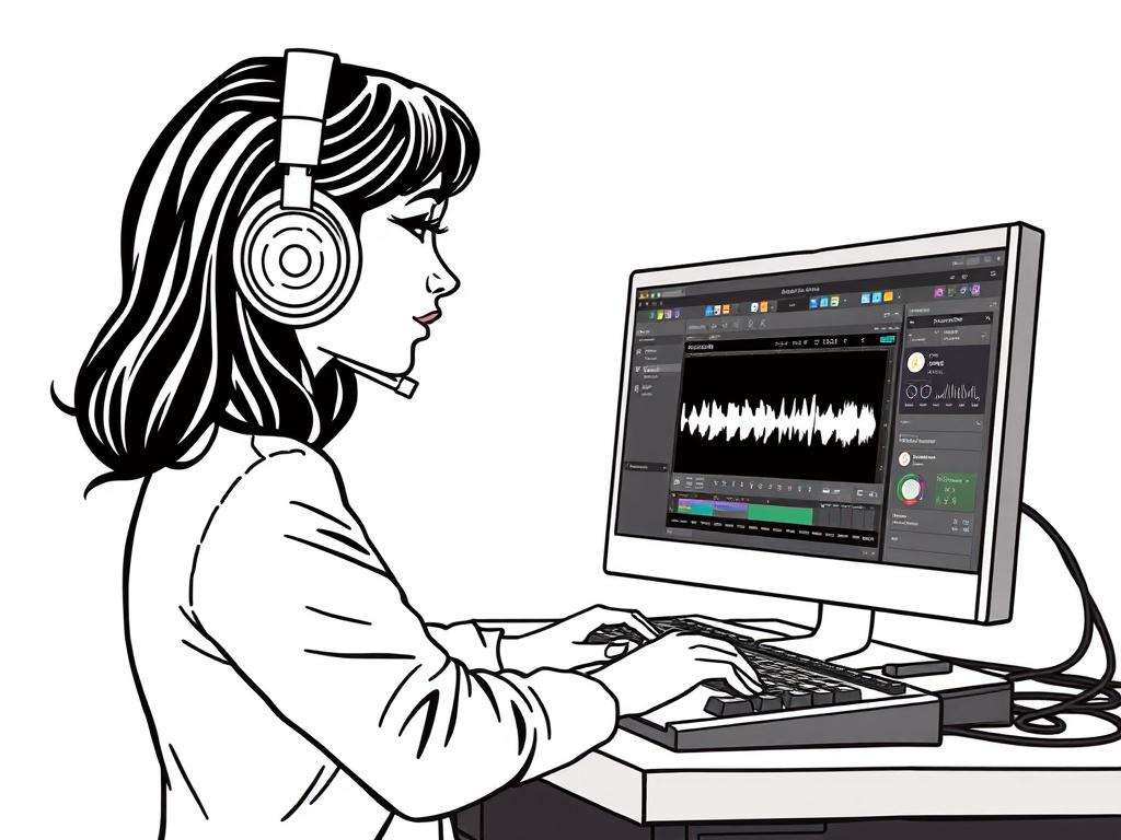 A high-quality illustration of a woman using headphones and editing audio on a computer. The workspace is filled with sound equipment and waveforms on the screen. The background should be simple and clean, highlighting concentration and creativity, with a color scheme that matches rgb(162, 175, 127).