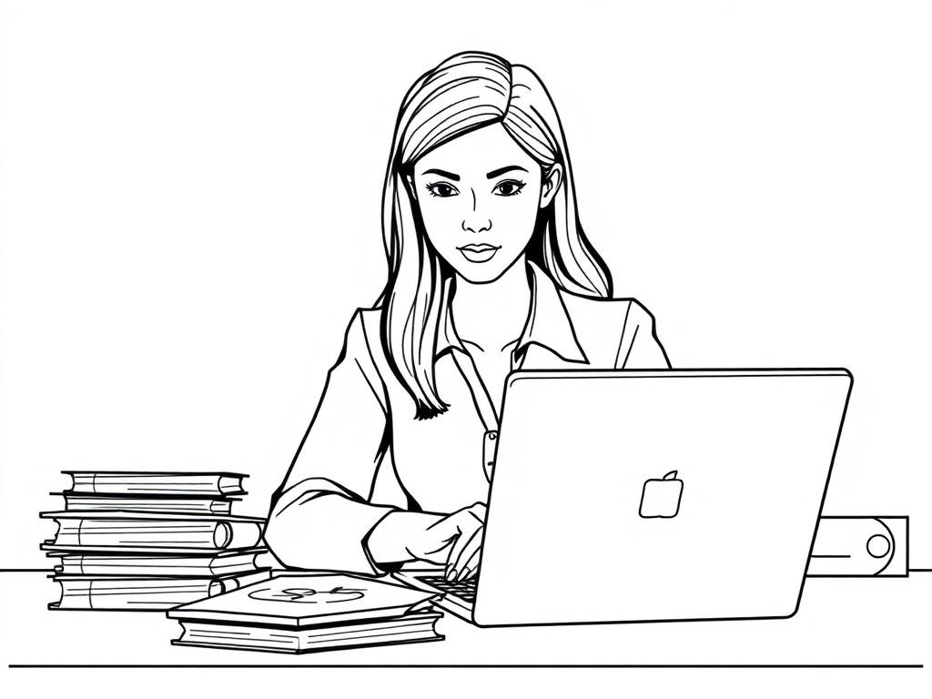 A high-quality illustration of a focused woman working at a desk with a laptop, surrounded by organized files and a calendar. The background is minimalistic, emphasizing productivity, with a soft color palette reflecting rgb(162, 175, 127). The woman has a determined expression, showcasing professionalism and dedication.