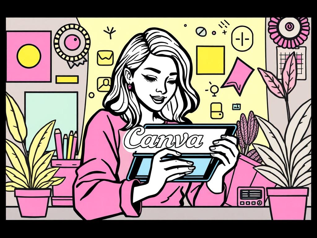 A high-quality illustration of a woman designing on a tablet with Canva, surrounded by vibrant design elements and color palettes. The background should be bright and engaging, showcasing creativity and inspiration, while maintaining a consistent style with rgb(162, 175, 127).