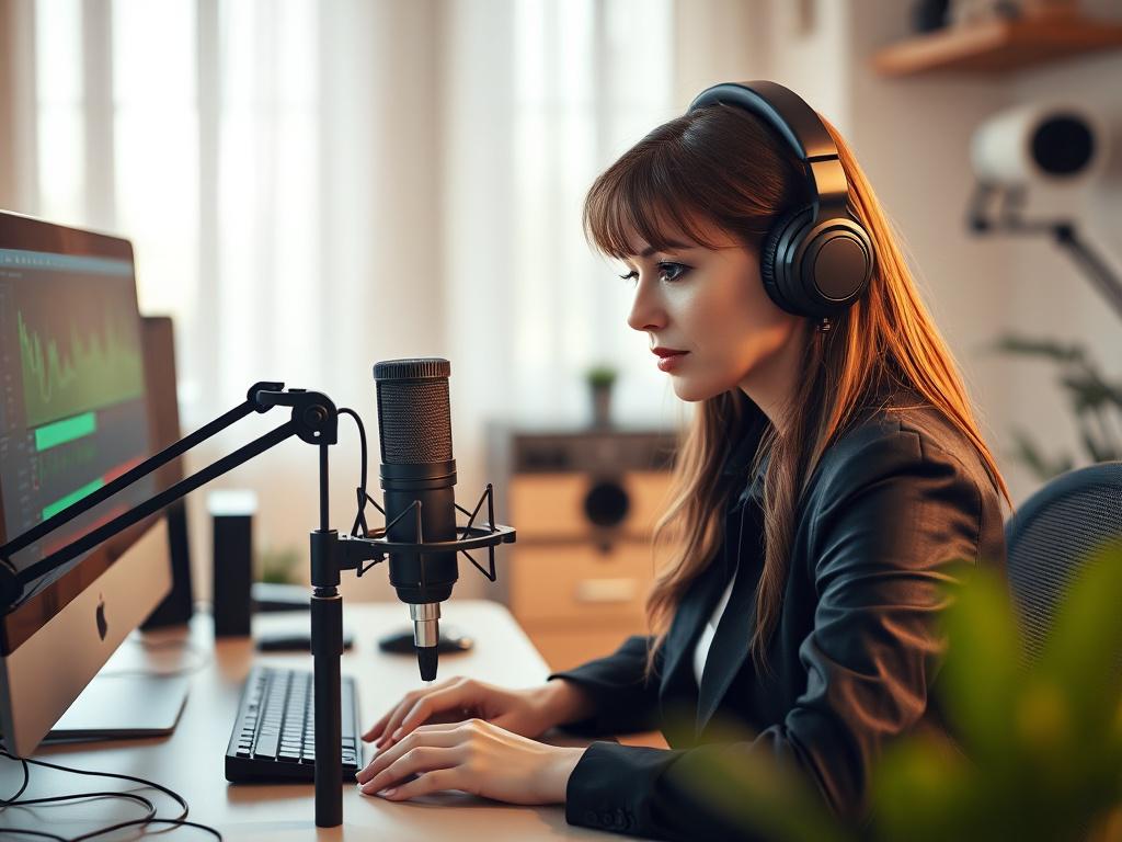 A close-up shot of a professional woman in a home office setting, focused on audio editing. She is sitting at a desk with a high-quality microphone in front of her and headphones on. The background is softly blurred to emphasize her concentration, with a computer screen displaying audio editing software visible. The color palette is warm and inviting, featuring shades of green to align with the rgb(50, 170, 39) primary color. The image should convey professionalism and creativity.