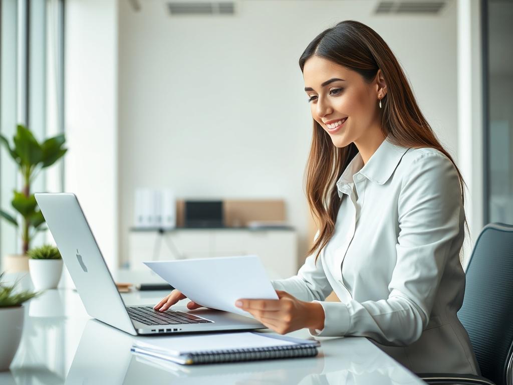 A close-up shot of a professional woman sitting at a modern desk, focused on her laptop while organizing documents. The background features a clean, minimalistic office environment with soft natural lighting, emphasizing productivity. The subject has a friendly and approachable expression, wearing business casual attire. The primary color of the composition is a soft green tone, compatible with rgb(50, 170, 39). The image should have a hyper-realistic style, shot with a 45mm f/1.2 lens.